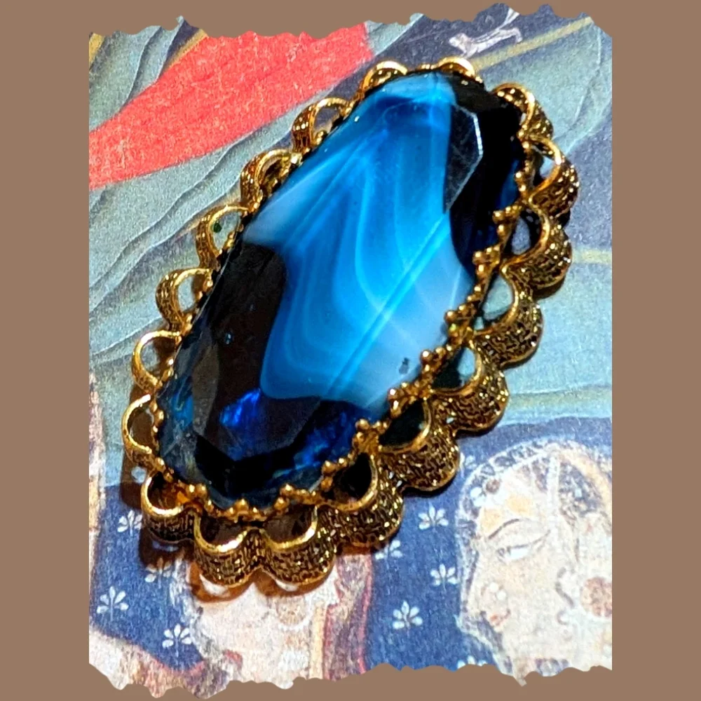 VTG 1940s Large Blue Slag Glass Filigree Brooch